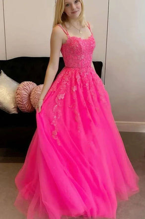 Hot Pink A Line Tulle Lace Appliques Long Prom Dress, Gorgeous Formal Gown CHP0167