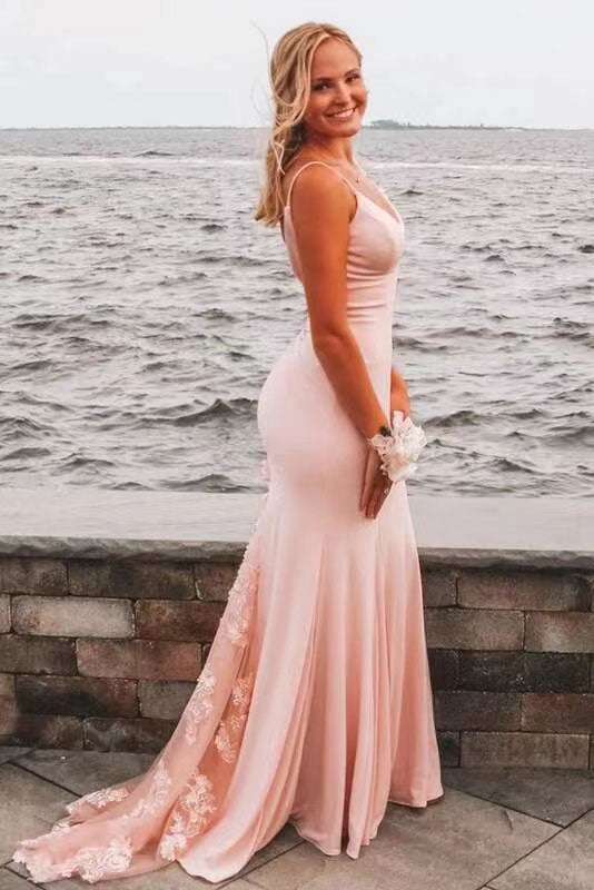 Pink Satin Mermaid Long Prom Dress With Applique, Formal Dress CHP0205