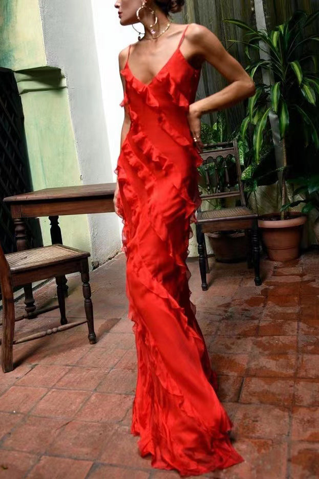 New Red Ruffles V Neck Long Formal Dress, Elegant Evening Dress CHP0229