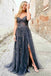 Elegant A-line Dark Navy Blue Lace Spaghetti Straps Prom Dresses With Applique,Party Gown With Slit chp0132