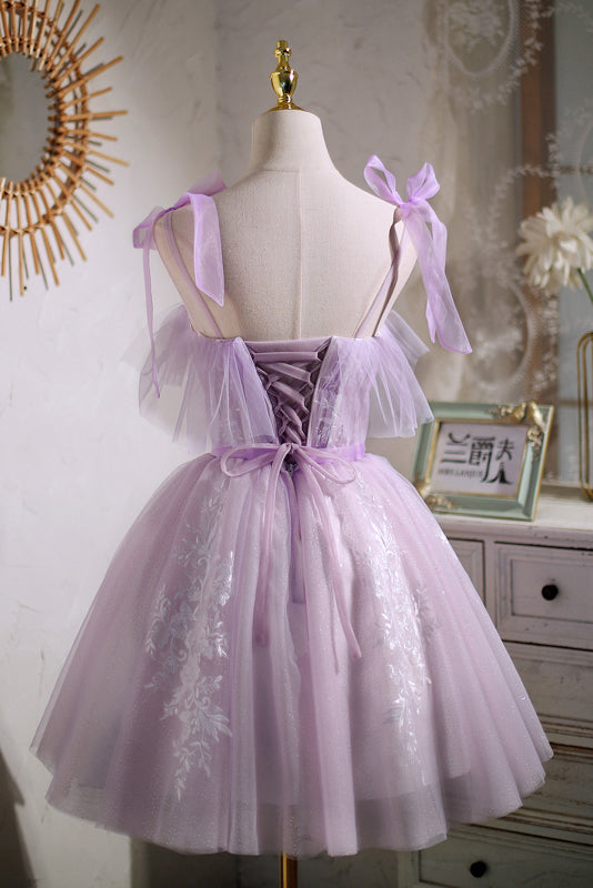 Cute Light Purple Tulle Homecoming Dress with Bowknot, Prom Gown CHH0074