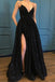 Black Sequins Spaghetti Straps Long Prom Dresses with Pockets,Long Party Gown CHP0147
