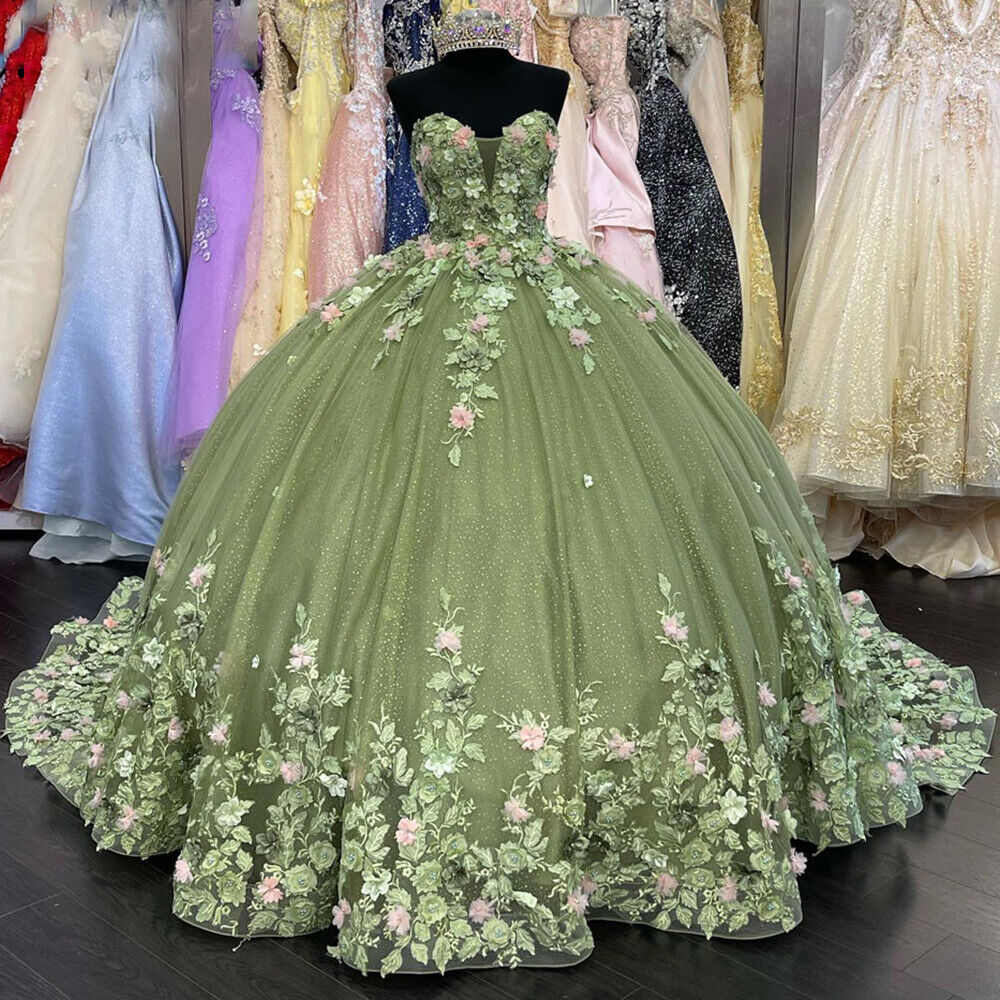 Sweetheart Green Ball Gown Tulle Long Prom Dress With Applique, Quinceañera Dress  CHP0224