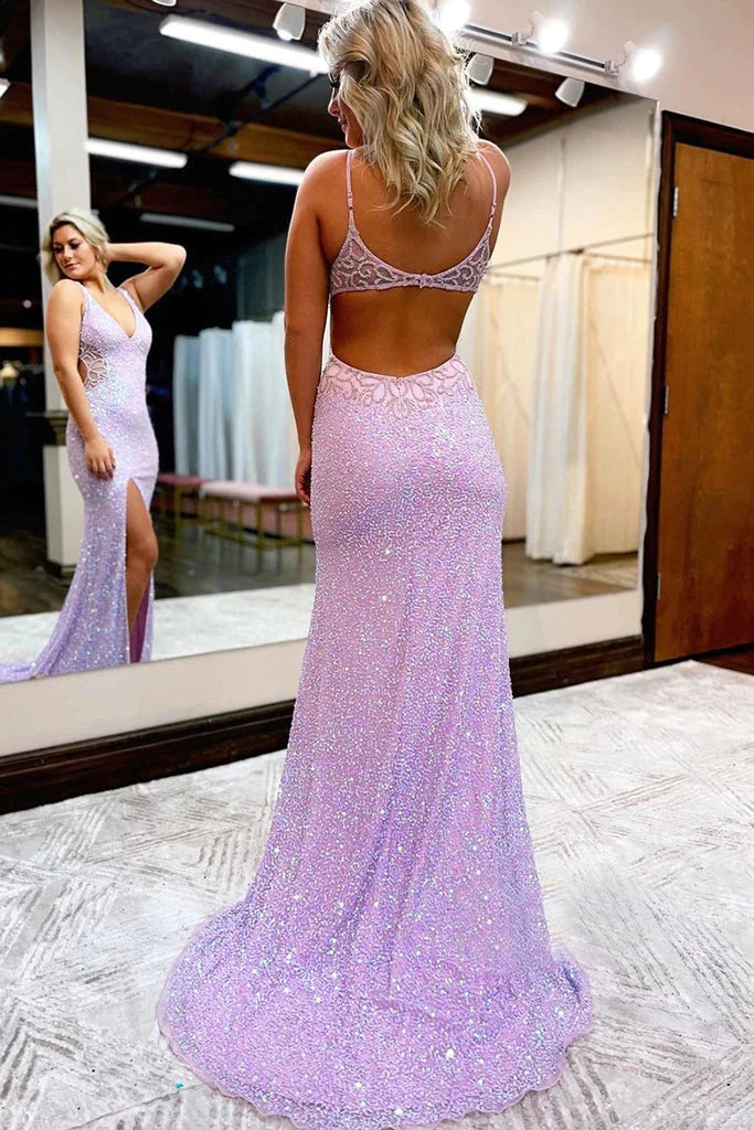 Mermaid Sequins V Neck Lilac Prom Dresses With Slit,Gorgeous Evening Party Dress CHP0163