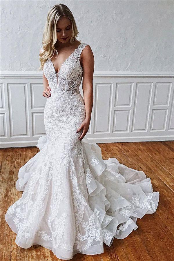 Ivory V-neck Sleeveless Glamorous Straps Ruffled Lace Mermaid Wedding Dresses chw0022