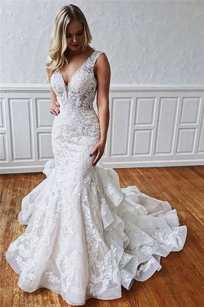 Ivory V-neck Sleeveless Glamorous Straps Ruffled Lace Mermaid Wedding Dresses chw0022
