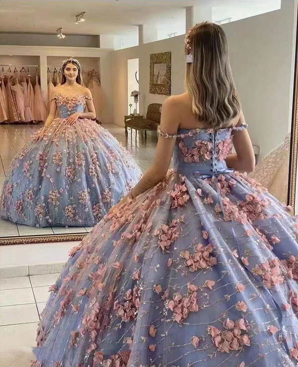 Gorgeous Ball Gown Prom Dress With 3D Flowers,Off The Shoulder Quinceanera Dresses CHP0217