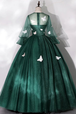 Dark Green Long Sleeves Ball Gown Sweet Dresses, Green Tulle Round Neckline Prom Dresses chp0021