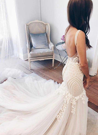 Ivory Mermaid Backless V Neck Lace Wedding Dress, Bridal Gown CHW0142