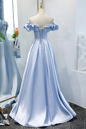 Blue Satin Simple Off Shoulder Long Party Dress 2021, A-Line Light Blue Prom Dresses chp0020