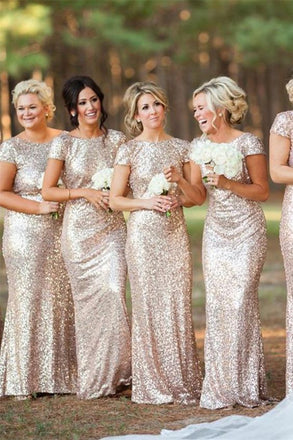 Sparkly Rose Gold Sequin Sheath Cap Sleeves Backless Long Bridesmaid Dresses CHB00015