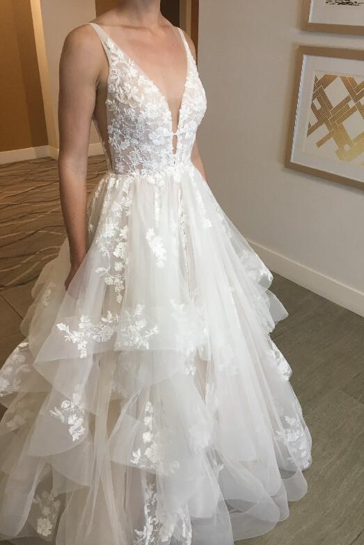 A-Line Lace Wedding Dress With Sweep Train ,Deep V Neck Lace Appliques Bridal Gowns CHW0033