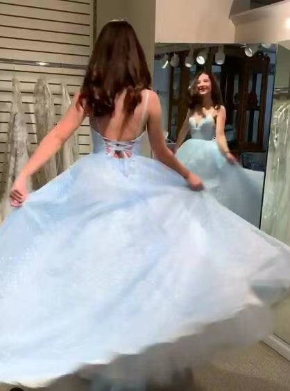 Sparkly A-Line Spaghetti Straps Light Blue Long Prom Dresses Evening Party Dresses CHP0070