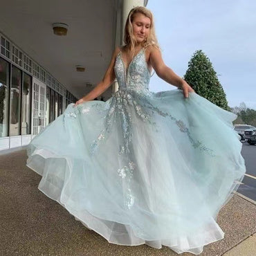 A-Line V-Neck Spaghetti Straps Light Blue Prom Dresses,Long Formal Dresses With Applique chp0082