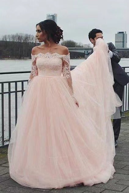 Fashion Long Sleeves Lace Off the Shoulder Light Pink Wedding Dresses With Sweep Train,Formal Dress CHW0035