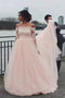 Fashion Long Sleeves Lace Off the Shoulder Light Pink Wedding Dresses With Sweep Train,Formal Dress CHW0035