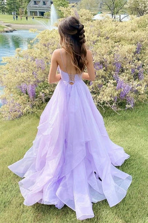 Shiny V Neck Fluffy Lavender Long Prom Dress, Long Formal Evening Dress chp0037
