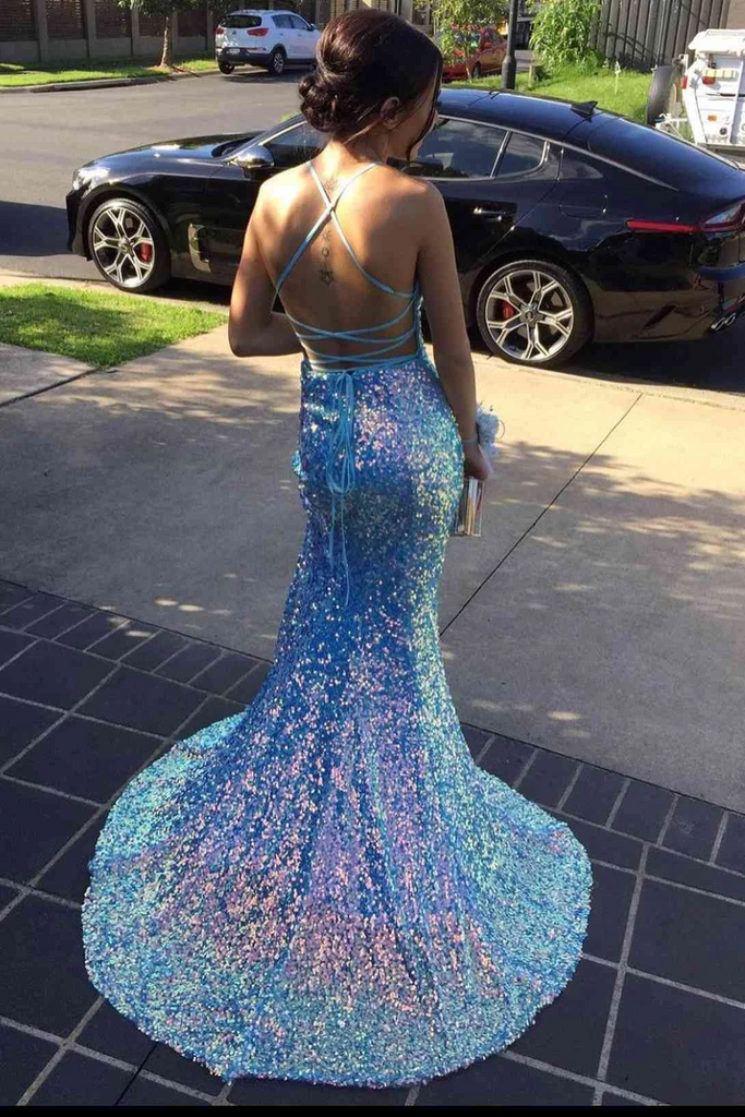 Sparkly Light Blue Sequin V-Neck Backless Mermaid Formal Dresses, Long Prom Dress with Sequins CHP0112