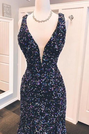 Sparkly Black Sequin V-Neck Backless Mermaid Formal Dresses, Long Prom Dress with Sequins CHP0115