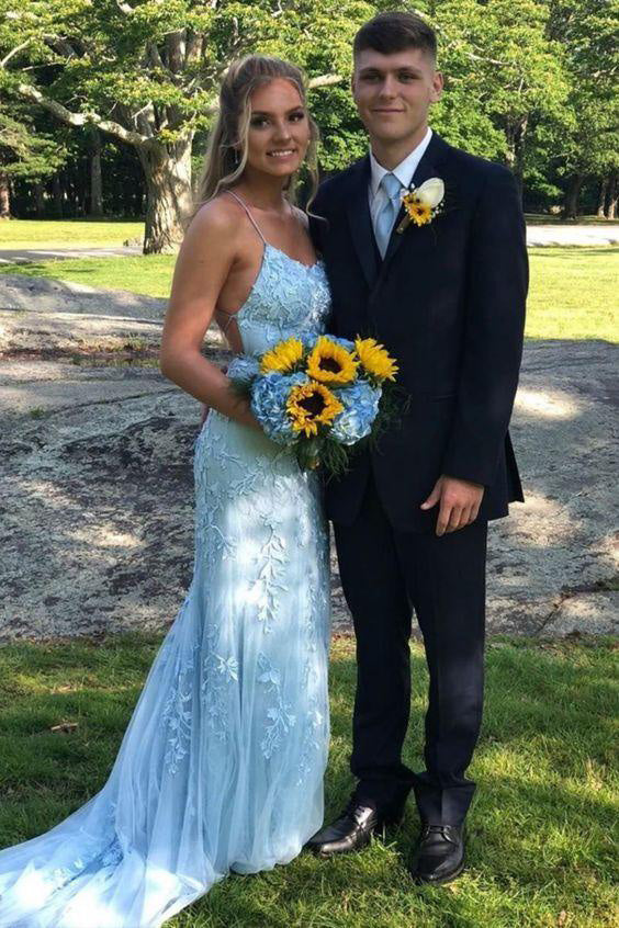 Light Blue Mermaid Lace Spaghetti Straps Prom Dresses With Appliques C cherishgirls Light Blue Mermaid Lace Spaghetti Straps Prom Dresses With Appliques C cherishgirls