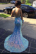 Sparkly Light Blue Sequin V-Neck Backless Mermaid Formal Dresses, Long Prom Dress with Sequins CHP0112