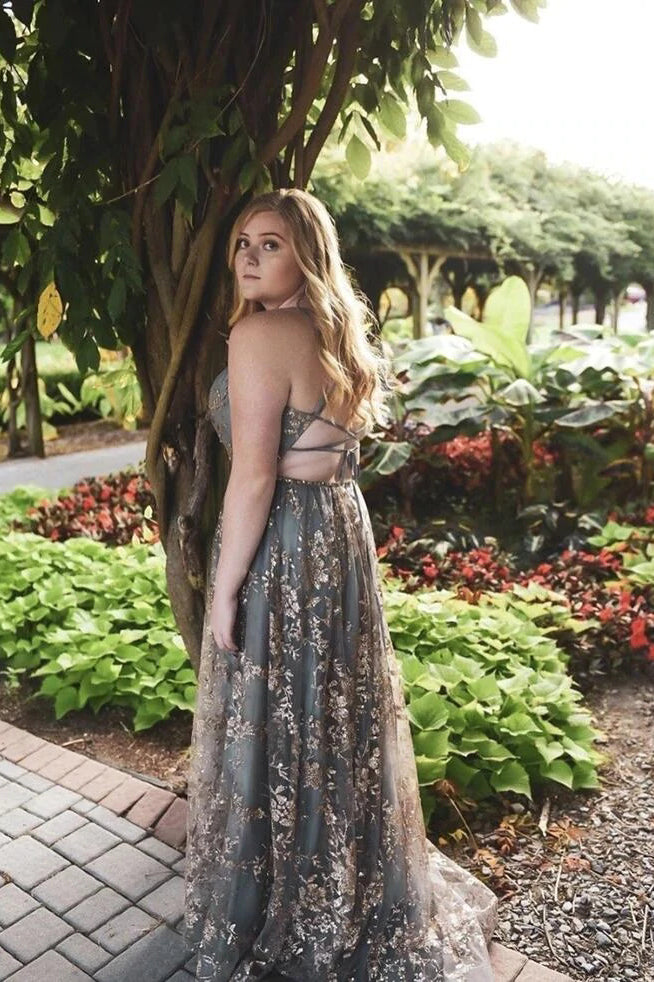 A line V-Neck Gray Tulle Long Prom Dress With Lace,Spaghetti Straps Evening Gown CHP0116