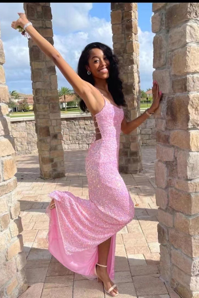 Glitter Pink Mermaid Sequins Spaghetti Straps Formal Dresses, Long Prom Dress with Slit CHP0134