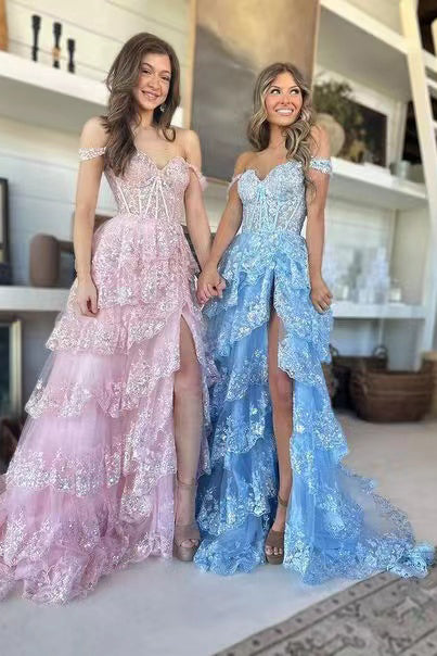Shiny Off The Shoulder Long Prom Dress With Layers ,Formal Gown With Sequins Lace CHP0226