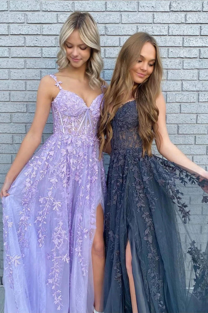 Elegant A-line Dark Navy Blue Lace Spaghetti Straps Prom Dresses With Applique,Party Gown With Slit chp0132
