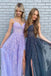 Elegant A-line Dark Navy Blue Lace Spaghetti Straps Prom Dresses With Applique,Party Gown With Slit chp0132