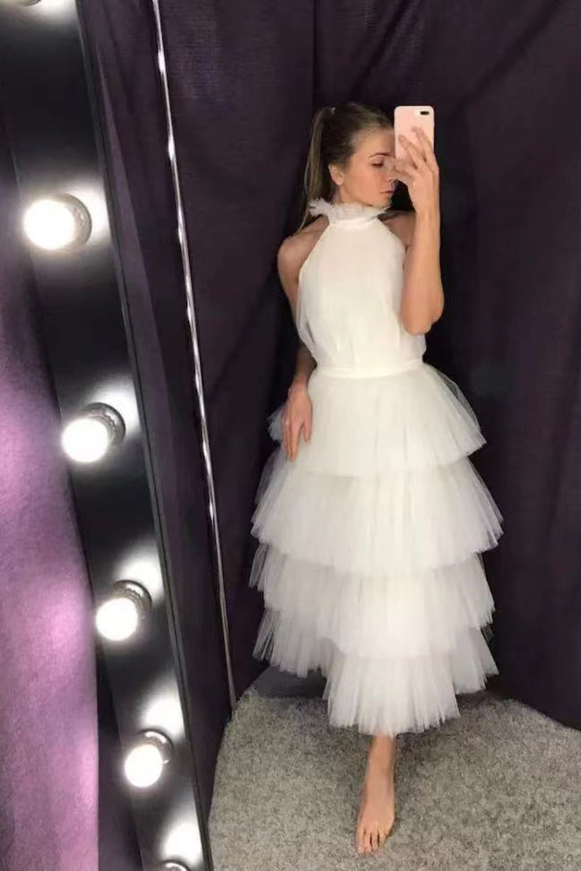 Gorgeous Ankle-Length Halter Tulle Prom Dress With Layers ,Tulle Formal Gown CHP0164