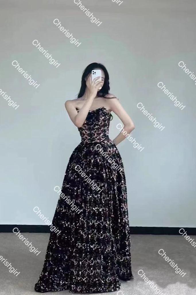 Gorgeous A-Line Shiny Sequins Strapless Prom Dress, Sparkly Formal Gown CHP0176