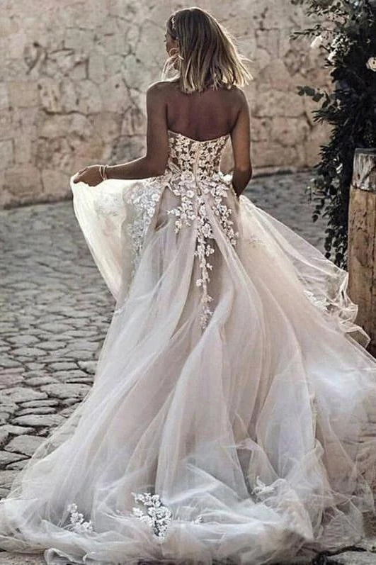 A Line Strapless Lace Wedding Dresses,Long Tulle Beach Bridal Gown Wit cherishgirls A Line Strapless Lace Wedding Dresses,Long Tulle Beach Bridal Gown Wit cherishgirls