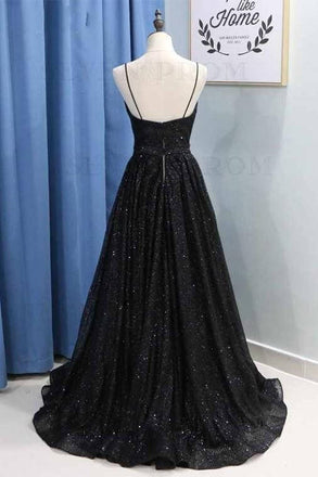 Black Sequins Spaghetti Straps Long Prom Dresses with Pockets,Long Party Gown CHP0147