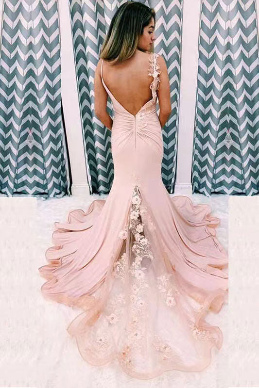 Pink Satin Mermaid Long Prom Dress With Applique, Formal Dress CHP0205 cherishgirls Pink Satin Mermaid Long Prom Dress With Applique, Formal Dress CHP0205 cherishgirls