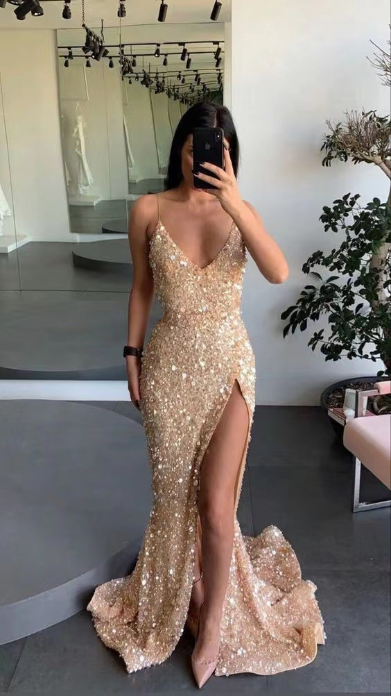 Gold Engagement Spaghetti Straps Mermaid Long Prom Dresses,Evening Gown CHP0216