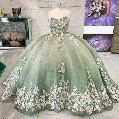 Sweetheart Green Ball Gown Tulle Long Prom Dress With Applique, Quinceañera Dress  CHP0224