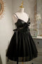 Cute Black Satin Spaghetti Straps V Neck Short Homecoming Dresses With Bowknot chh0065