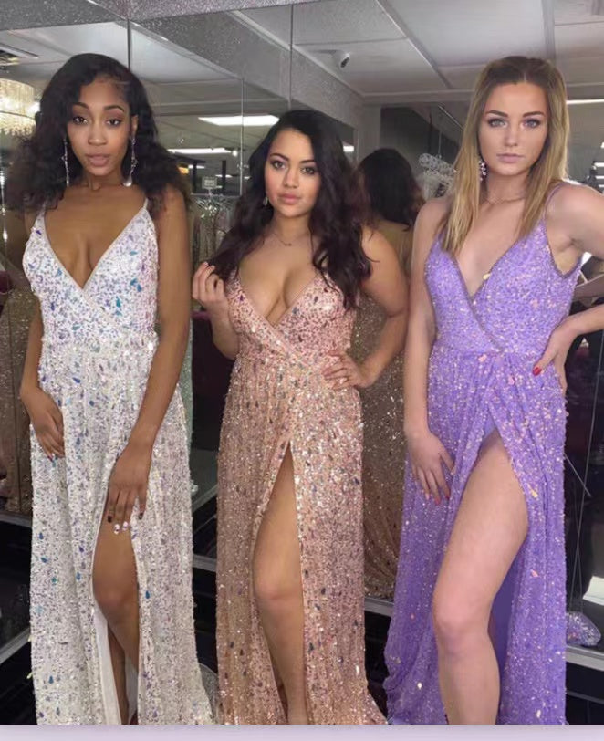 Sequins Lavender Silver Spaghetti Straps V Neck Prom Dresses With Slit, Evening Gown CHP0153