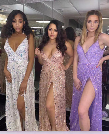 Sequins Lavender Silver Spaghetti Straps V Neck Prom Dresses With Slit, Evening Gown CHP0153