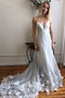 Deep V Neck Spaghetti Straps Ivory Appliques Bottom Backless Wedding Dresses, Bridal Gown CHW0162