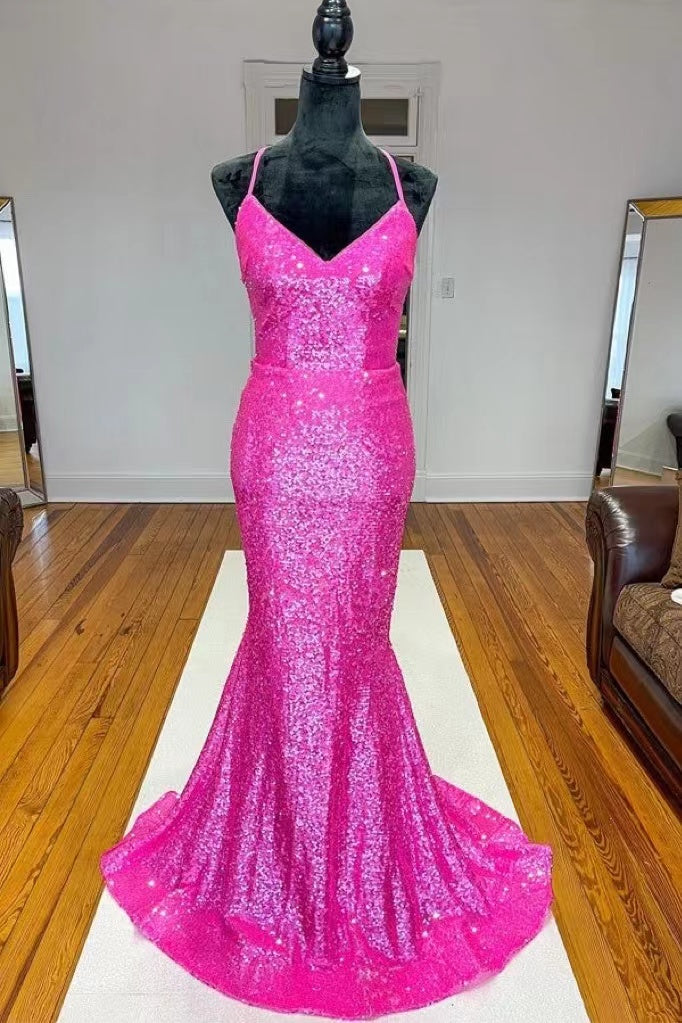 Shiny Hot Pink Sequins V Neck Mermaid Prom Dress, Formal Gown CHP0210