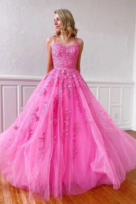 Hot Pink A Line Tulle Lace Appliques Long Prom Dress, Gorgeous Formal Gown CHP0167