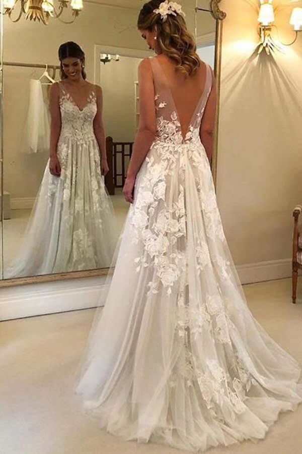 Elegant A-line Lace V-neck Tulle  V Back Long Wedding Dress with Appliques CHW0040