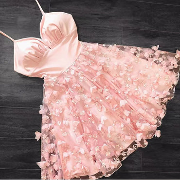 A-line 3D Flowers Spapghetti Strap Short Pink Homecoming Dress, Short Sweet 16 Dresses chh0112