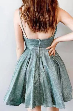 Green Spaghetti Straps V Neck Short Formal Homecoming Dresses, Mini Prom Gown CHH0096