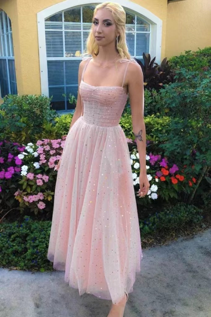 Shiny Pink Sequins Spaghetti Straps Tea Length Prom Dress, Formal Gown CHP0211