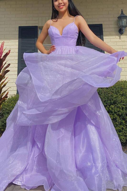 Shiny V Neck Fluffy Lavender Long Prom Dress, Long Formal Evening Dress chp0037