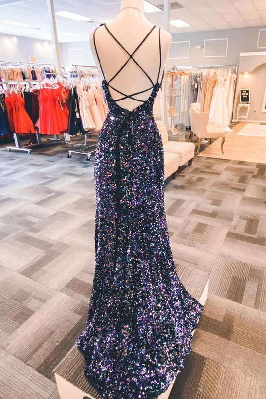 Sparkly Black Sequin V-Neck Backless Mermaid Formal Dresses, Long Prom Dress with Sequins CHP0115