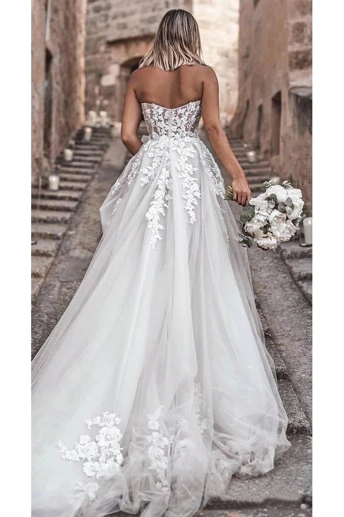 A Line Strapless Lace Wedding Dresses,Long Tulle Beach Bridal Gown With Appliques CHW0042